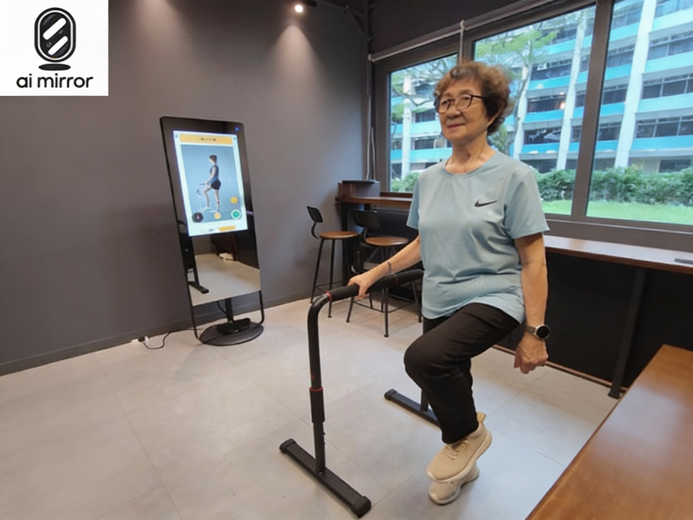 An older adult following a guided exercise programme in front of AI Mirror